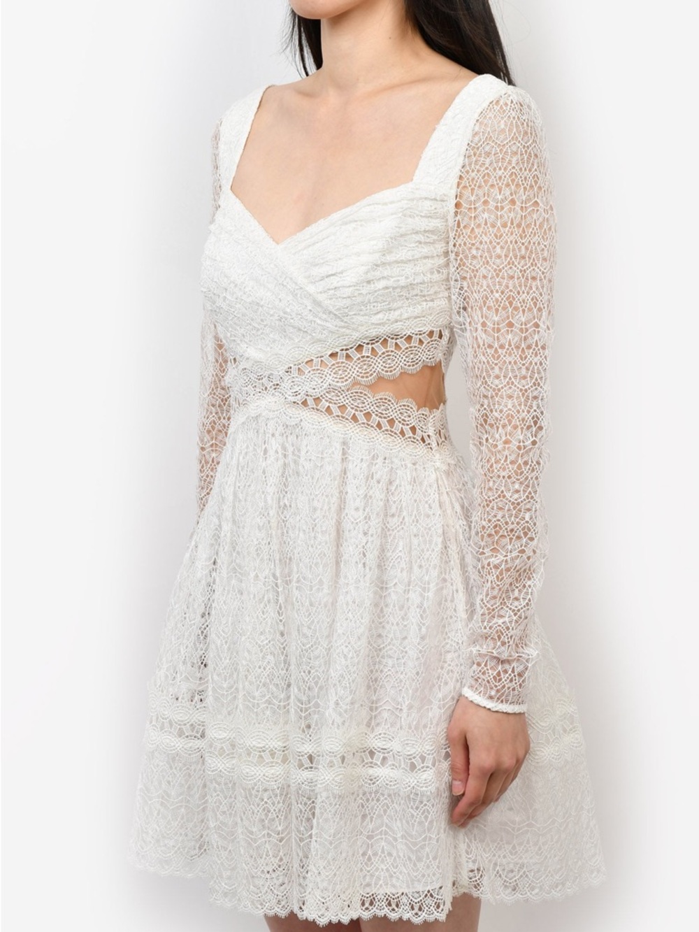 Self-Portrait White Lace Long-Sleeve Cutout Mini Dress